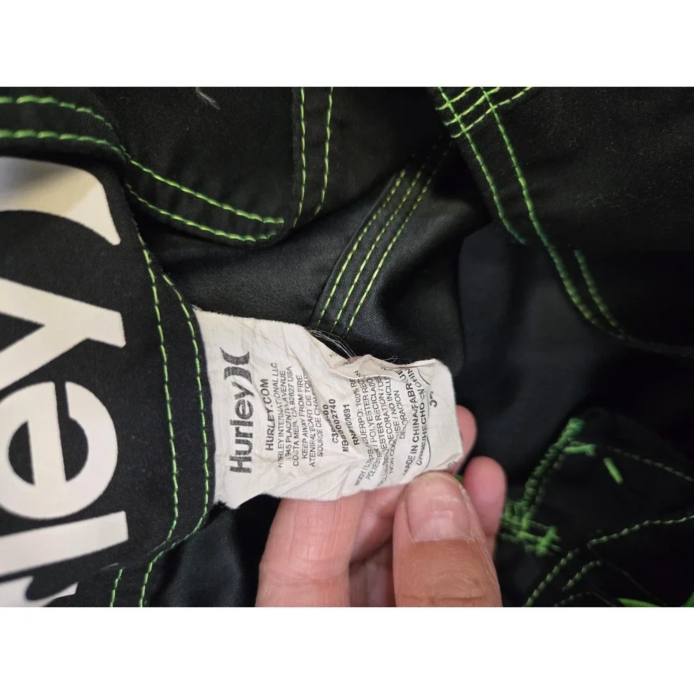 Hurley‎ Board Shorts Black Neon Green Contrast Stitch Surf Swim Trunks 34